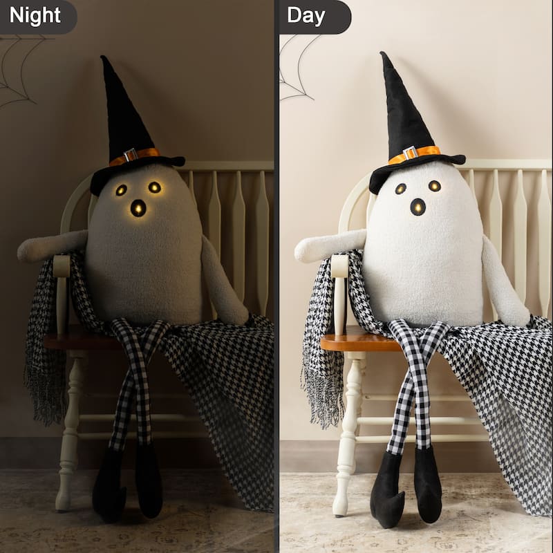 Glitzhome 65.25"H Halloween Oversized Lighted Fabric Ghost Sitter Porch Decor, with Timer