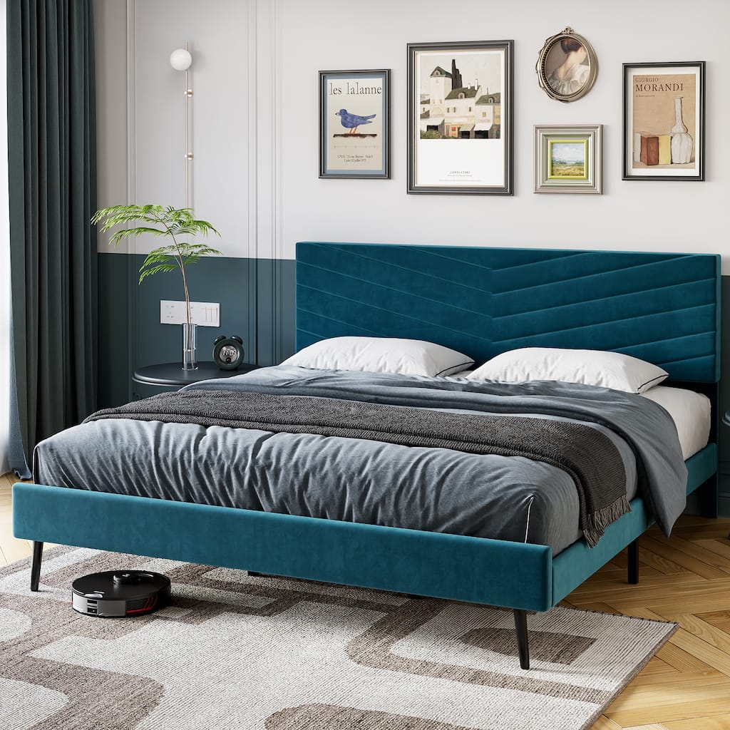 Upholstered Platform Bed Frame with Adjustable Headboard