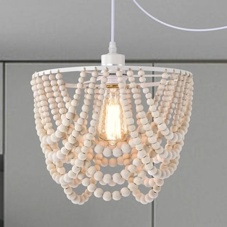 Whitewash Wood Beaded Chandelier with Plug-in Cord Boho Pendant Light