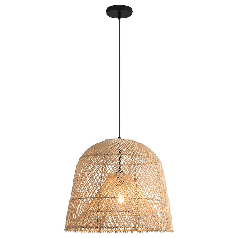 1-Light Coastal Retro Brown Rattan Hand-Woven Cloche Hanging Basket Pendant Light - 14.9" W x 59" H