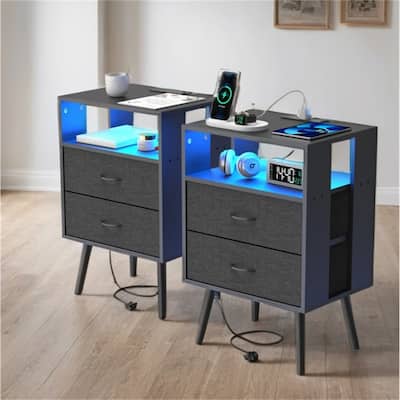 2 Pack Modern LED Nightstand with Charging Station and Fabric Drawers