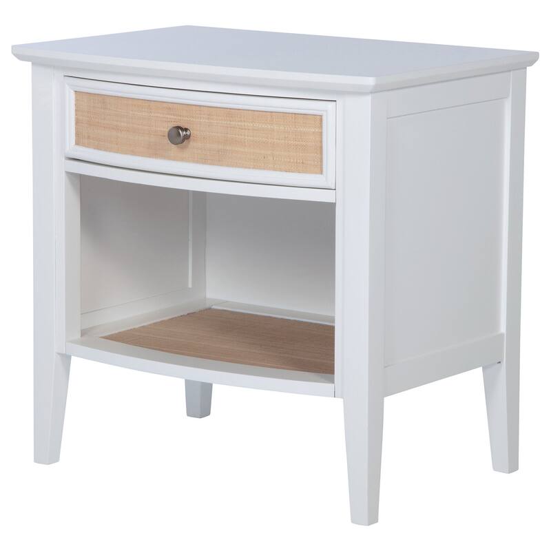 White 1-Drawer Nightstand with Natural Rattan Accents, Felt Lining and Open Shelf for Coastal Modern Style