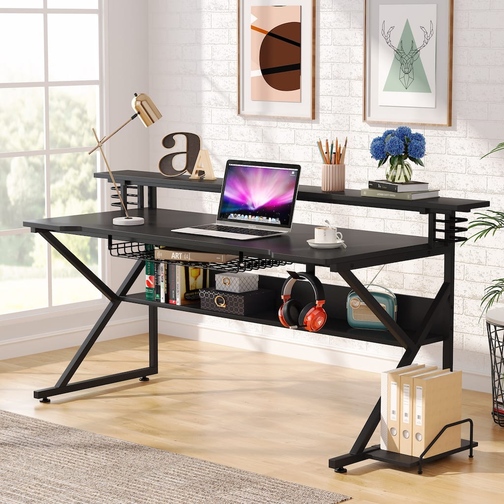 55” Gaming Computer Desk with Monitor Stand , Storage for Controller, Headphone & Speaker - Black