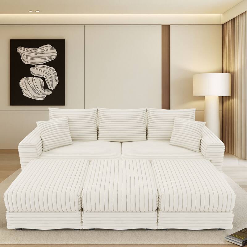 Modern Corduroy Fabric Upholstered Sectional Sofa with Ottoman - Beige-3 Seater with 3 Ottoman