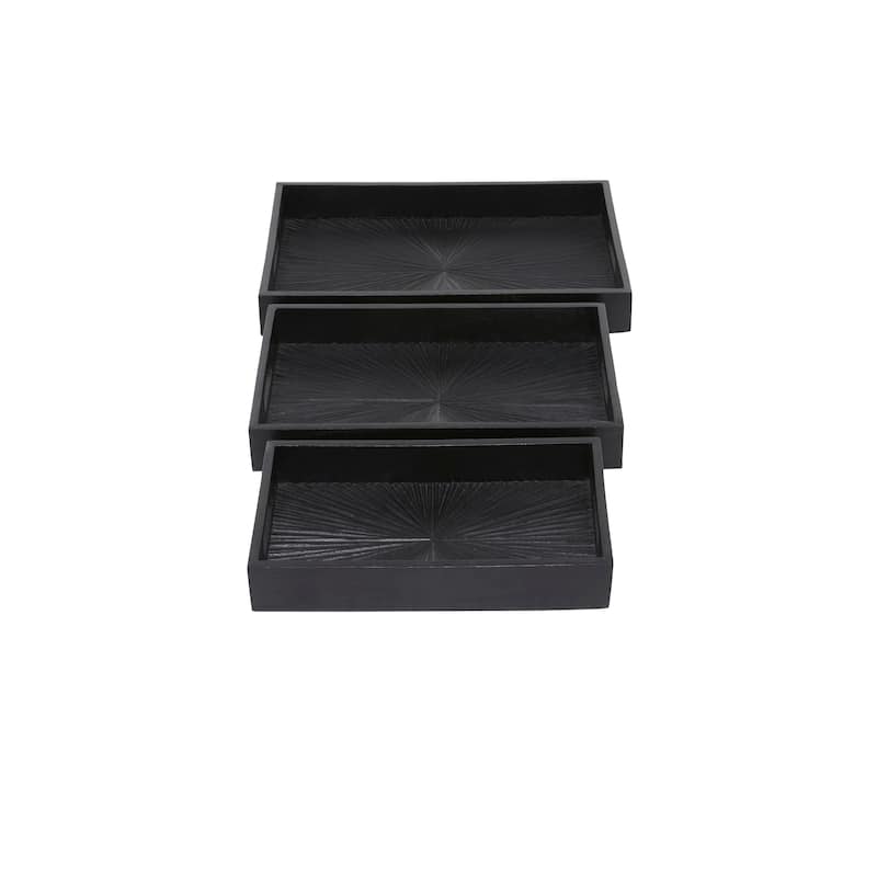 Mango Wood Starburst Carved Tray - Set of 3 Black - Roche River Decor - 13"W x 18"L x 3"H