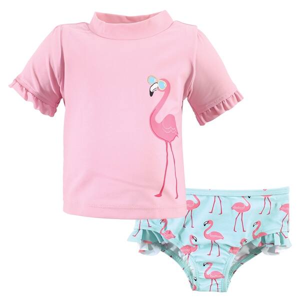 slide 1 of 1, Hudson Baby Infant Girl Swim Rashguard Set, Flamingo 12-18 Months - Flamingo