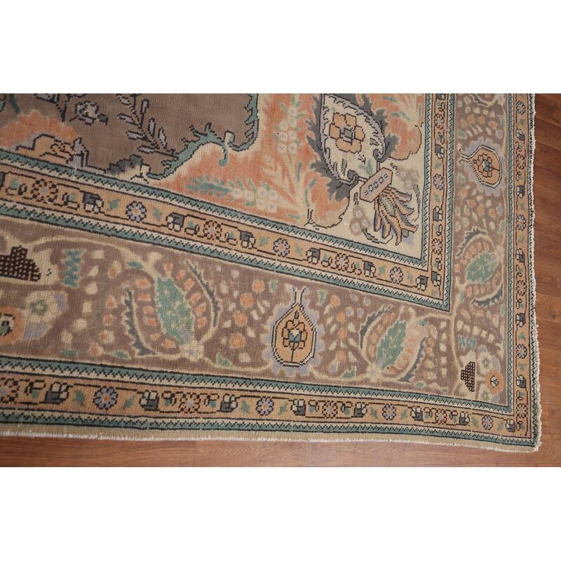 Brown Geometric Tabriz Vintage Persian Area Rug Handmade Wool Carpet - 9'4" x 12'5"