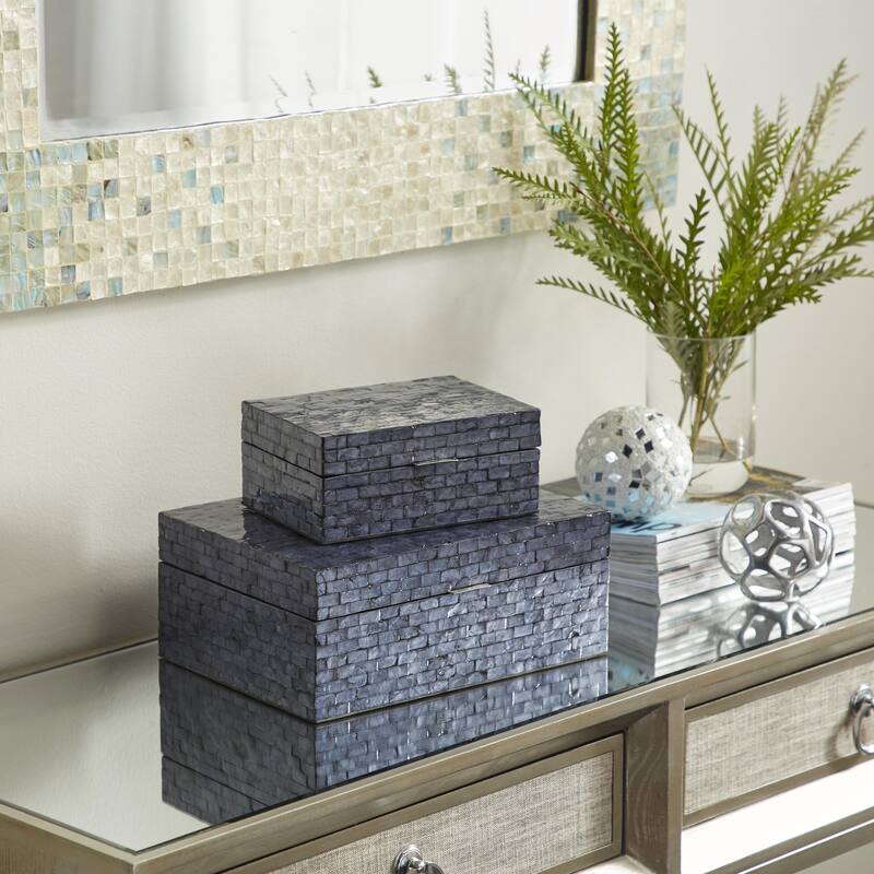 Mother of Pearl Shell Handmade Mosaic Storage Decorative Box - Set of 2 Dark Blue - Roche River Decor