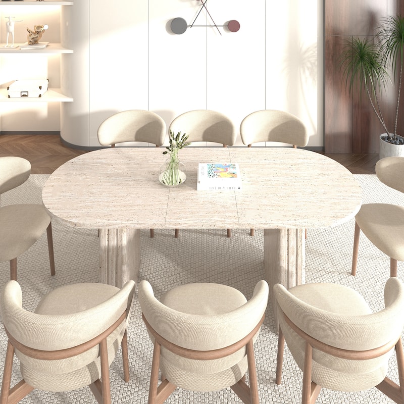 Kitchen extendable dining table for 4-8 people, oval kitchen table with wooden strip base for family living room - Beige