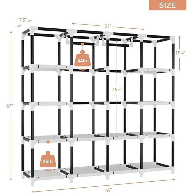 Portable wardrobe for hanging clothes, sturdy hanger with cover, 2 hanging rails, 12 shelves, 6 pockets.