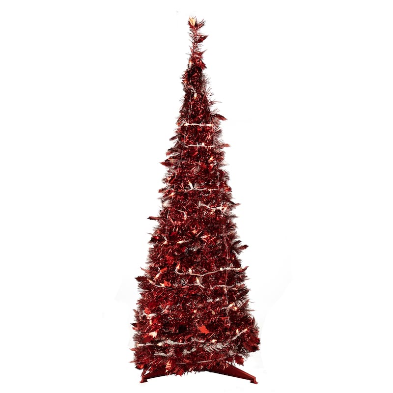 Pre-Lit Red Tinsel Pop-Up Artificial Christmas Tree - 6' - Clear Lights - 6 Foot