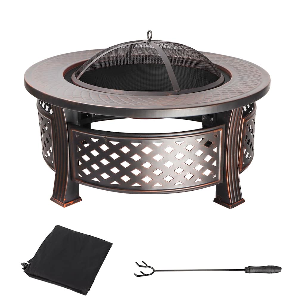 33" Round Fire Pit Table with Screen Lid, Poker, Cover. Outdoor Wood Burning Firepit for Patio & Backyard