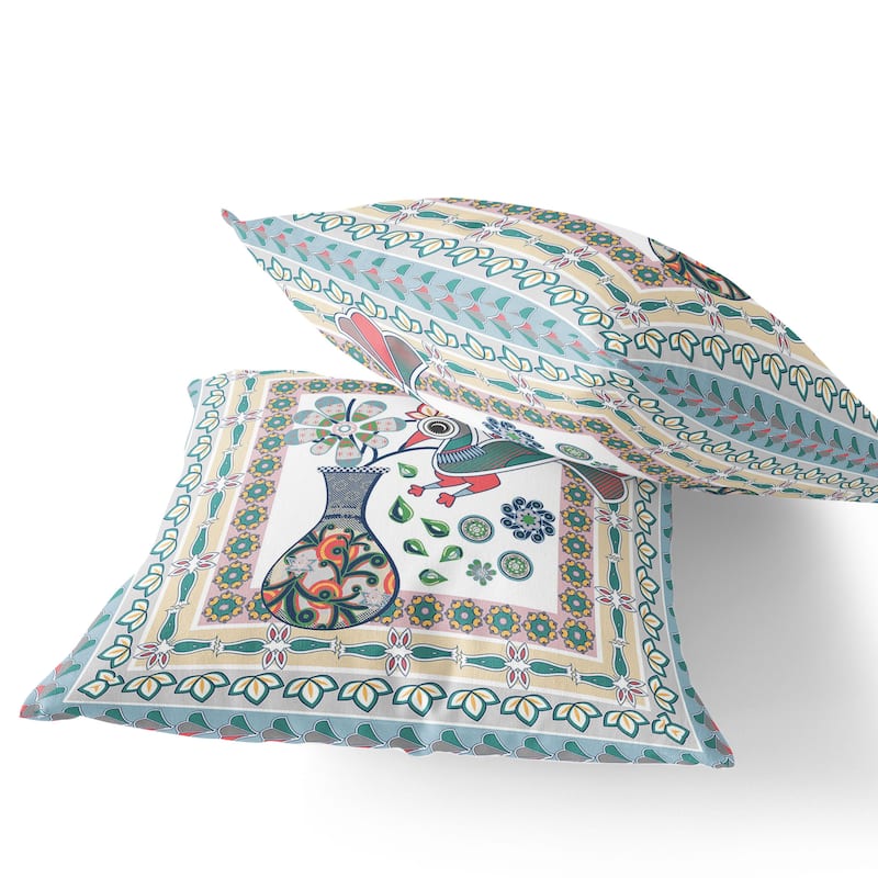 HomeRoots Set of Two 16" X 16" Pink and White Peacock Blown Seam Floral Indoor Outdoor Throw Pillow - 16.00' X '16.00' X '5.00