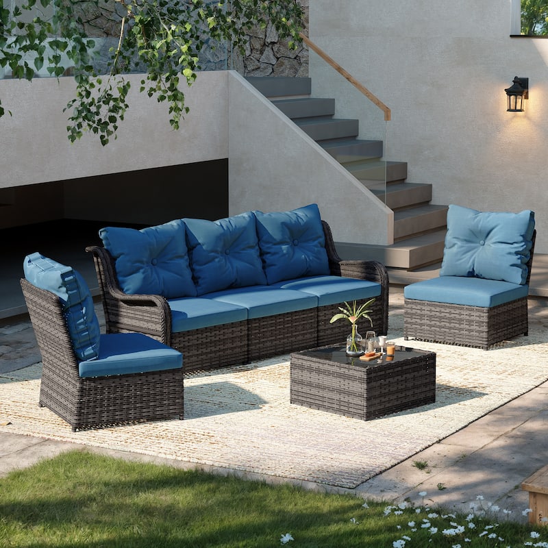 6-pieces Patio Wicker Outdoor Sectional Seating Sofa Set with Coffee Table - Blue-GreyBrownFrame - Grey-Brown Frame