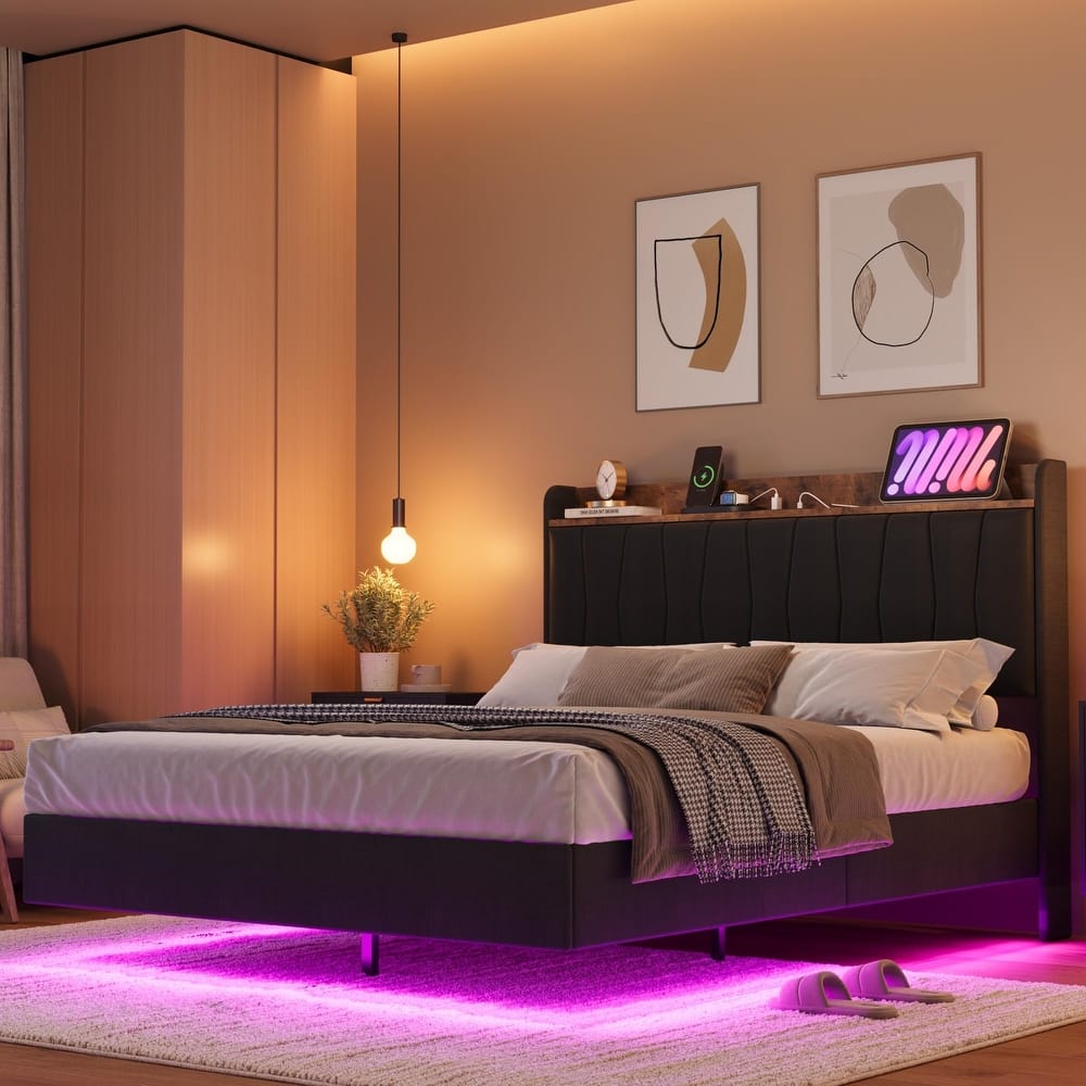 Full/Queen/King Floating Bed Frame with LED Lights & Charging Station, Upholstered Platform Bed with Storage Headboard