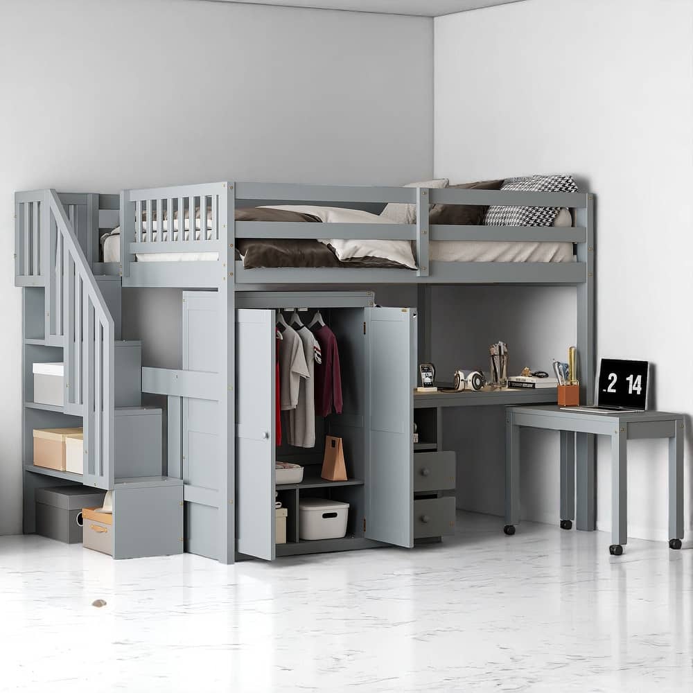 Twin/Full Size Loft Bed with Desk, Wardrobe, Drawers & Stairs, Wood Frame Study Bed with Storage for Kids/Teens