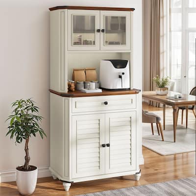 Moasis 67" Kitchen Pantry Storage Cabinet, Farmhouse Buffet Cabinet w/Microwave Stand and Charging Station