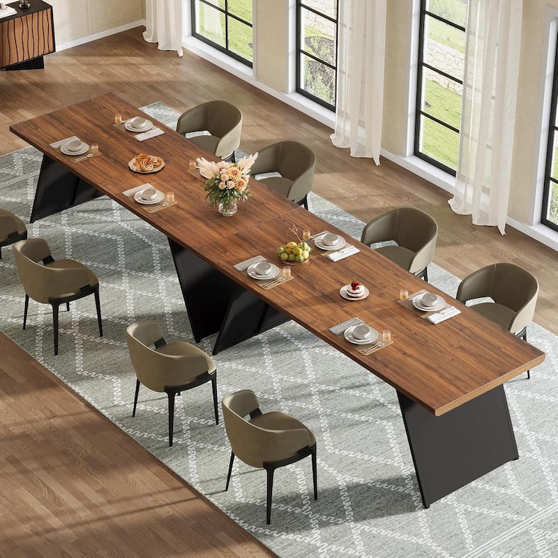 79" Long Dining Table with Walnut Wooden Top & Black Metal Base, Modern Narrow Rectangular Kitchen Table for 6