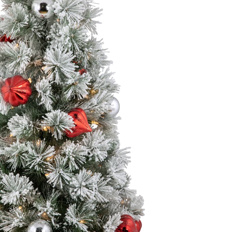 4' Potted Snowy Bristle Pine Flocked Artificial Christmas Tree Clear Lights - 4 Foot