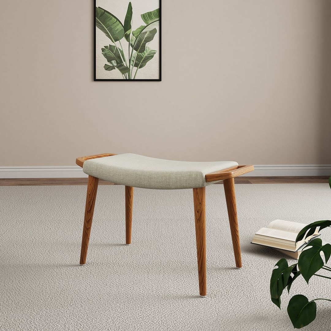 Manhattan Comfort Geta Linen Weave Wood Accent Ottoman