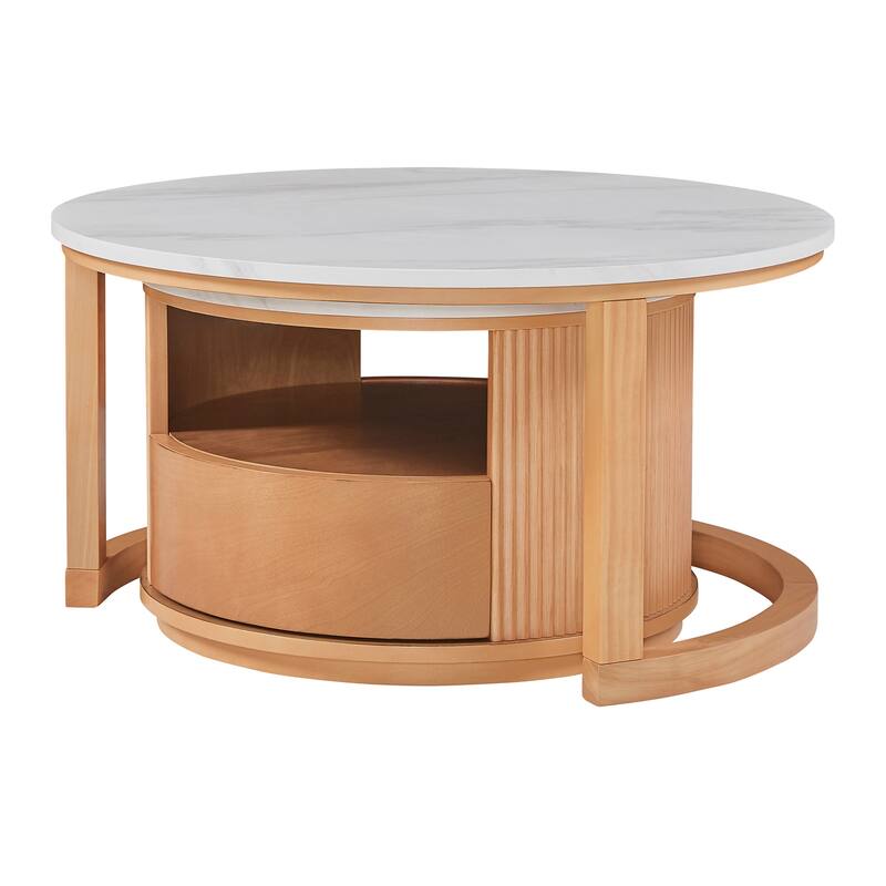 Round Nesting Coffee Table with White Marble Top, 2-Tier storage and 1 drawer, Natural, 28.5"
