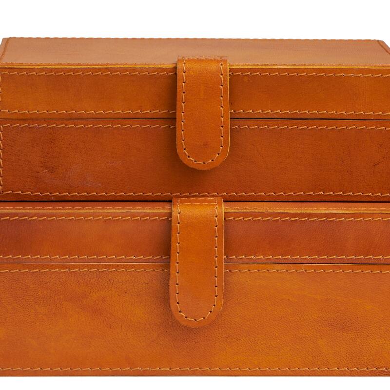 Brown Leather Storage Box with Snap Front Closure and Detailed Stitching (Set of 2)