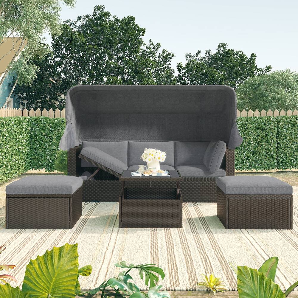U-Style Outdoor Patio Rectangle Daybed with Retractable Canopy, Wicker Furniture Sectional Seating for Backyard, Porch