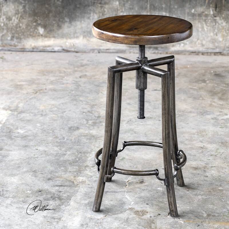 32 Inch Industrial Bar Stool Adjustable Dark Walnut Suar Wood Seat