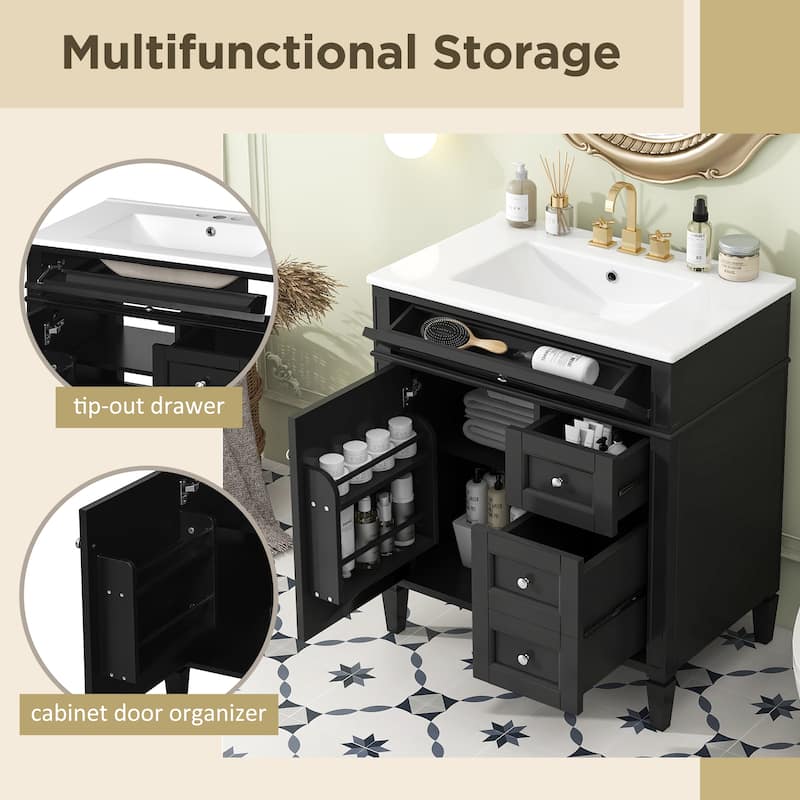 30'' Bathroom Vanity with Top Sink, Modern Bathroom Storage Cabinet with 2 Drawers and a Tip-out Drawer