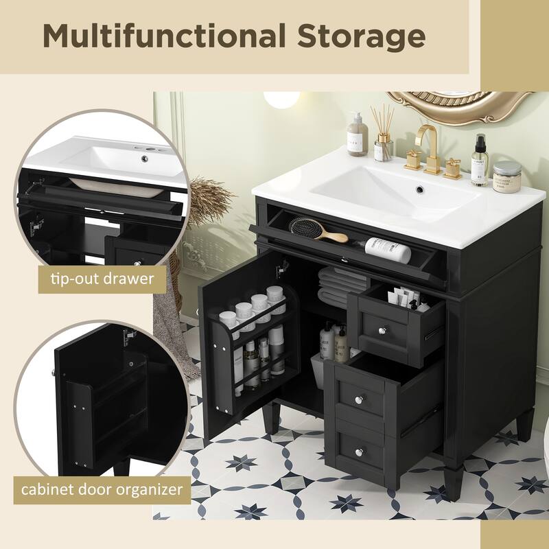 GDFStudio - Caldwell Modern Bathroom Vanity with Ceramic Sink, 2 Storage Drawers and Tip-Out Organizer - 30'W