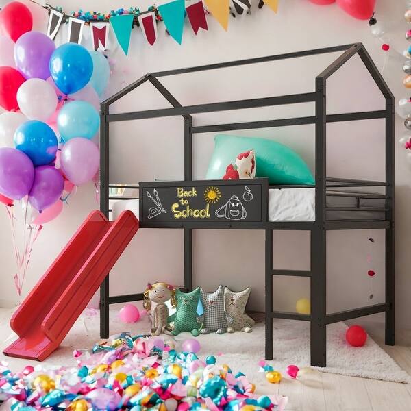 slide 2 of 13, Twin Size House Bed Loft Bed With Slide and Two-sided Writable Board for Home Black+Red