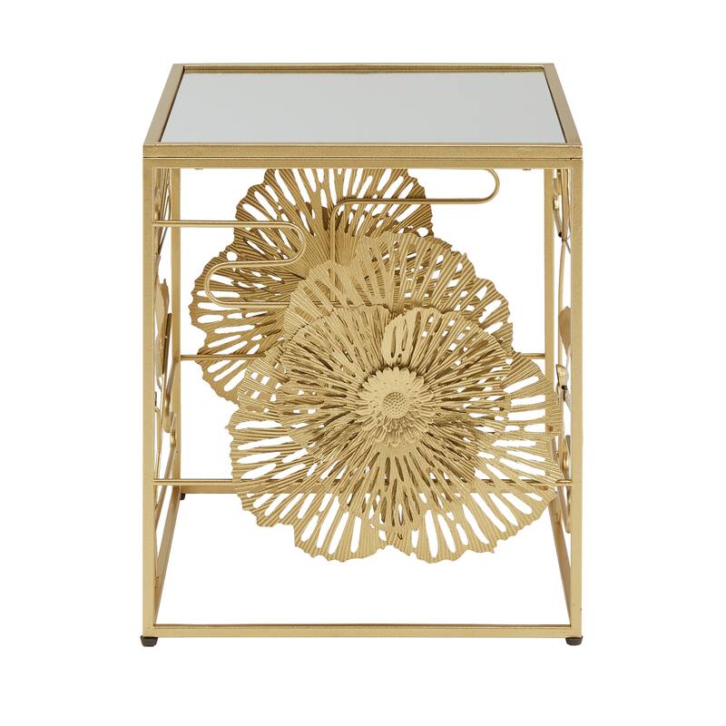 Pomonok Gold Finish Peony and Ginkgo End Table with Mirror Top by iNSPIRE Q Bold