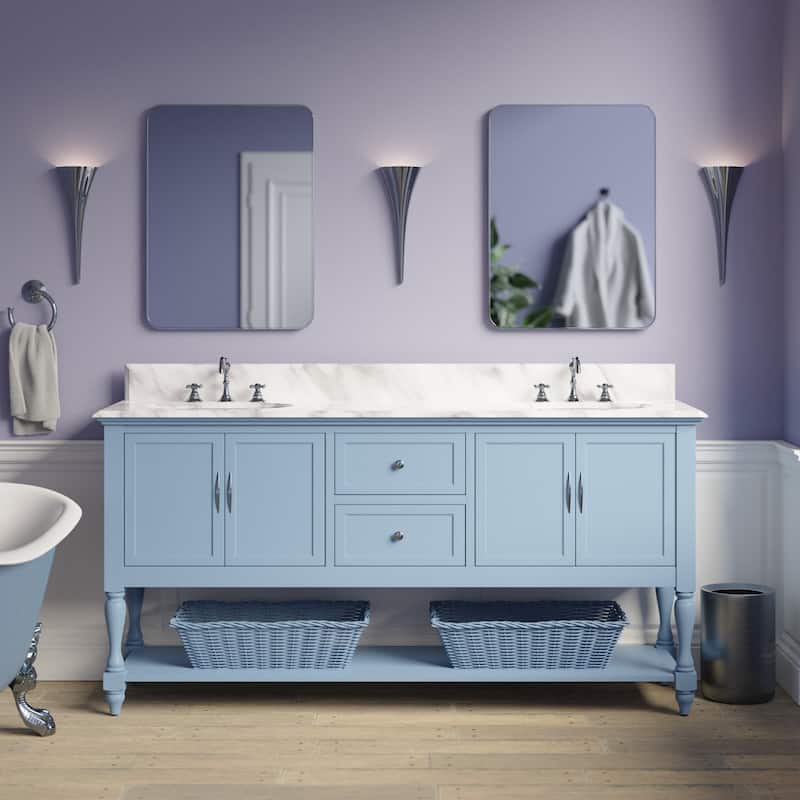 KitchenBathCollection Beverly 72" Double Bathroom Vanity with Carrara Marble Top - Powder Blue