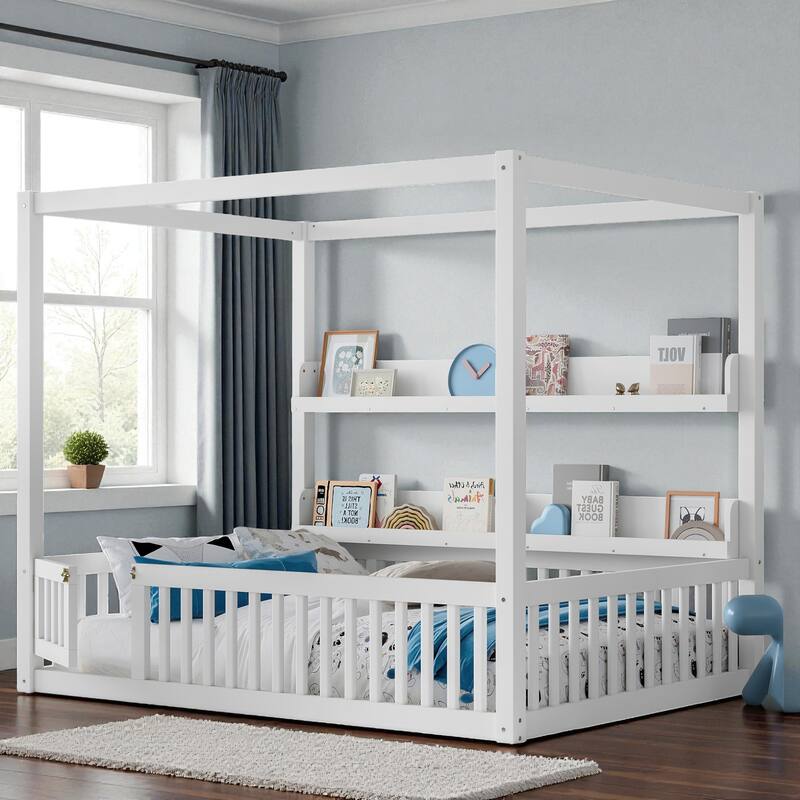Twin/Full Size Montessori Floor Bed with Canopy and Guardrails, Solid Wood Kids Bed Frame with Shelves, No Box Spring Needed