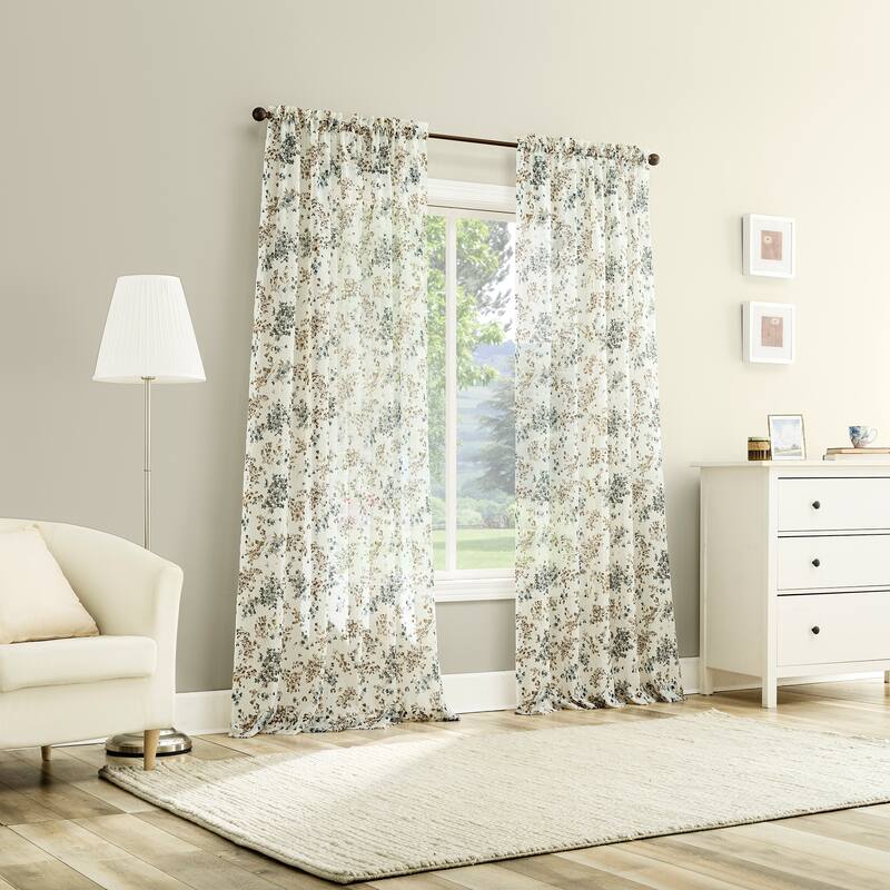 No. 918 Alethea Floral Print Crushed Voile Sheer Rod Pocket 1-Piece Curtain Panel, Single Panel