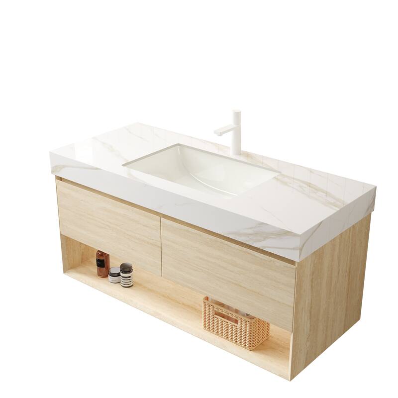 48" Floating Bathroom Vanity with Ceramic Undermount Basin Plywood Storage Cabinet with Sensor Light, Pre-assembled