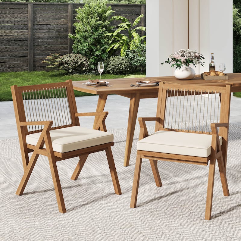Roomfitters Outdoor Acacia Wood Dining Chairs with Woven Rope Back and Cushions, Teak Set of 2