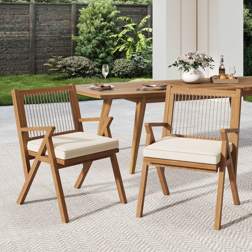 Roomfitters Outdoor Acacia Wood Dining Chairs with Woven Rope Back and Cushions, Teak Set of 2