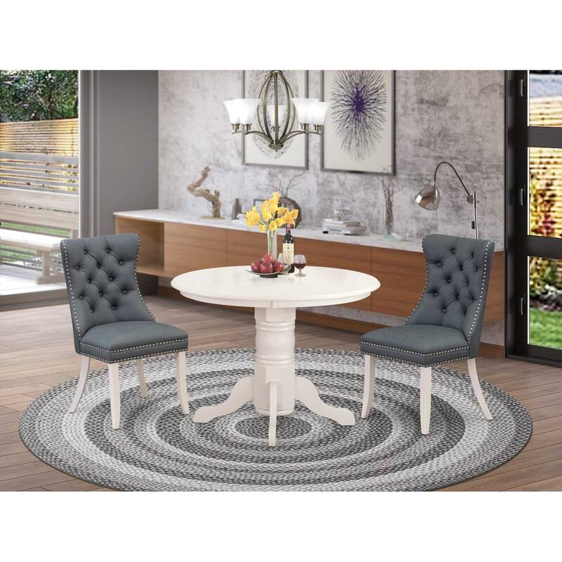 3-Piece Linen white Solid Wood Top - Round Upholstered Dining Room Set - Seats 4