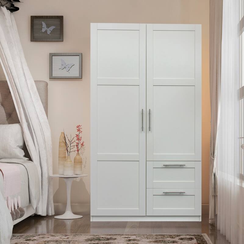 2 Door Wooden Wardrobes, Equipped with Suspension Rods and Drawers, Large Capacity Bedroom Wardrobe Storage Cabinets - White