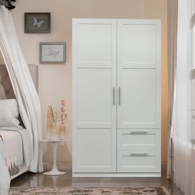 High Armoire Wardrobe with 2 Doors,2 Drawers and 5 Storage Spaces For Bedroom