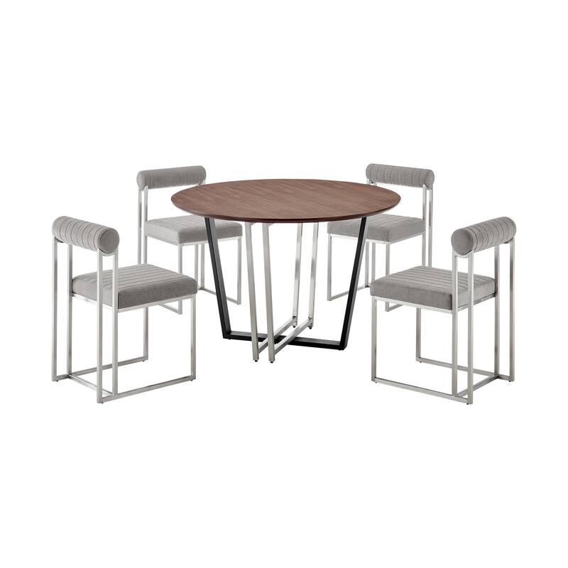 Joana Anastasia 5 Piece Round Walnut Dining Table Set with Metal Frame and Upholstered Chairs
