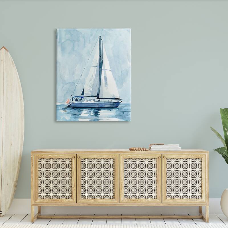 Stupell Nautical Blue Sailboat Tranquil Coastal Water Watercolor Painting Canvas Wall Art - White
