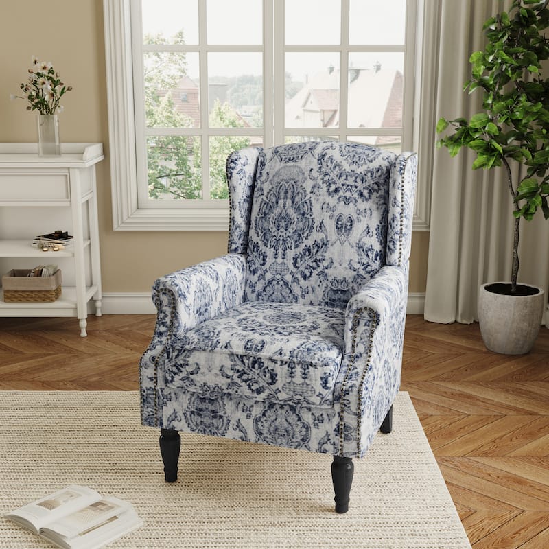 Traditional Floral Patterned Wingback Armchair with Nailhead Trim