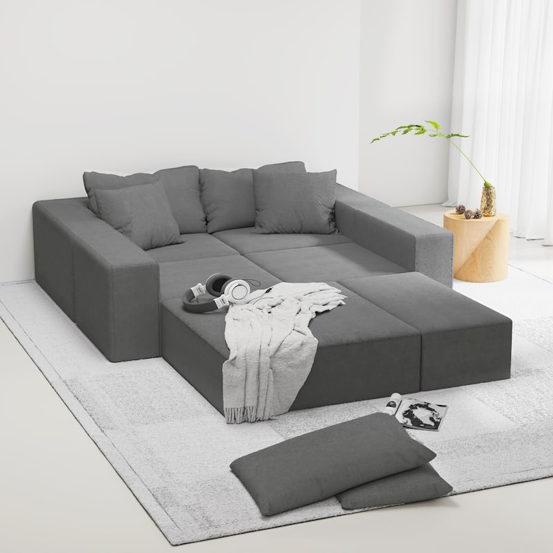 132" Chenille L-Shaped Sectional Sofa with 6 Pillows