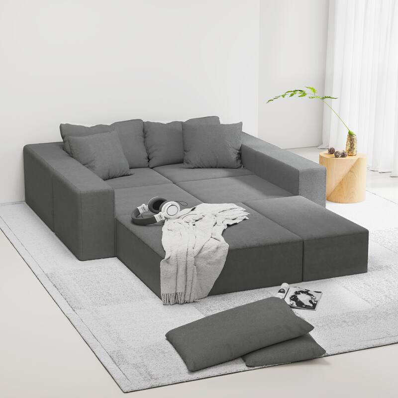 Floor Upholstered Sectional Sofa Modular L Shaped Couch Set with 6 Pillows and Ottomans, Living Room Sleeper Sofa Bed