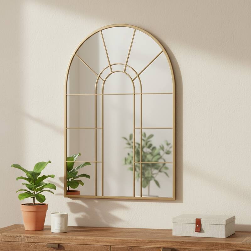 HomeRoots 41" Gold Arch Metal Window Pane Framed Accent Mirror - 28.00 in. x 41.00 in. x 0.78 in. - 28.00 in. x 41.00 in. x 0.78 in.