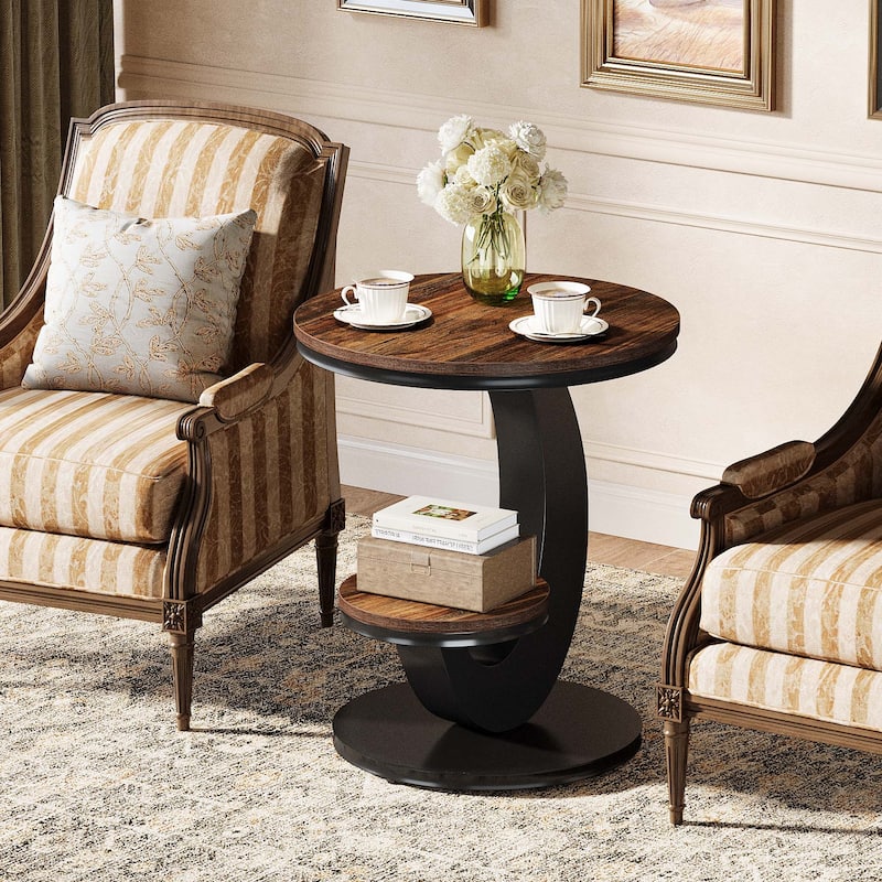 End Table with Storage Shelf, Wood Sofa Side Bedside Nightstand, Accent Snack Table for Living Room Bedroom - Brown+Black