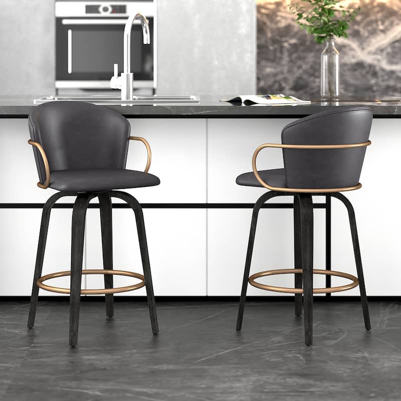 Set of 2 Mid-Century Faux Leather, Wood and Metal 26" Swivel Counter Stool