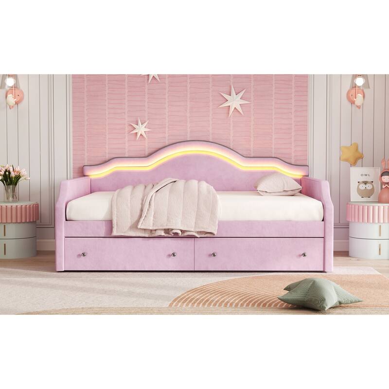 Upholstered Daybed with 2 Drawers, Wave Backrest Frame with Ambient Lighting, No Box Spring Needed Storage Sofa Bed